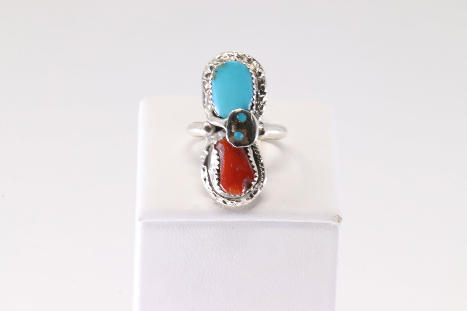 Native American Zuni Sterling Silver Coral & Turquoise Ring By Effie C. (1 of 4)