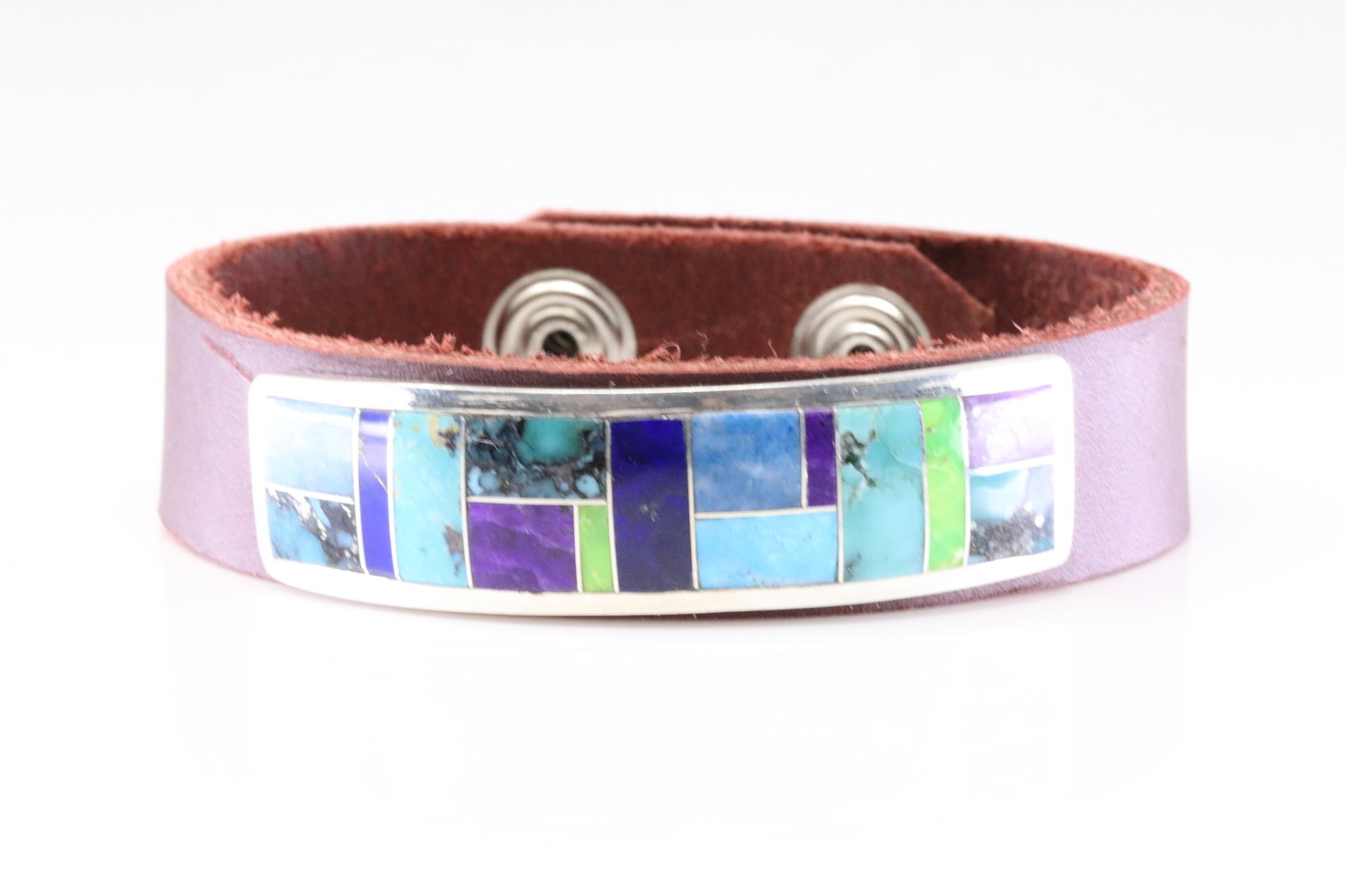 Native America Navajo Sterling Silver Multi-Color Stone Inlay Leather Bracelet By Hato Hasi.: This is a Native America Navajo Sterling Silver Multi-Color Stone Inlay Leather Bracelet By Hato Hasi.