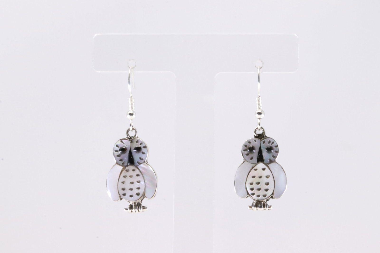 Native America Zuni Sterling Silver Mother Of Pearl And Black Jet Inlay Owl Dangling Earring's By: This is a Native America Zuni Sterling Silver Mother Of Pearl And Black Jet Inlay Owl Dangling Earring's By R.K.