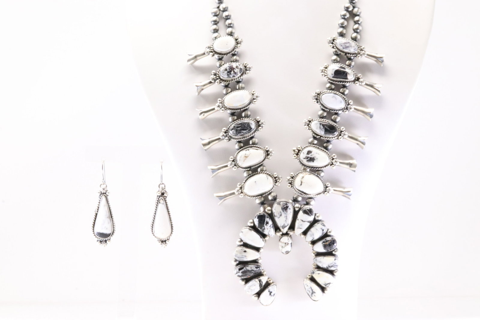 Native American Navajo Sterling Silver White Buffalo Squash Blossom Necklace & Earring's Set By (1 of 7)