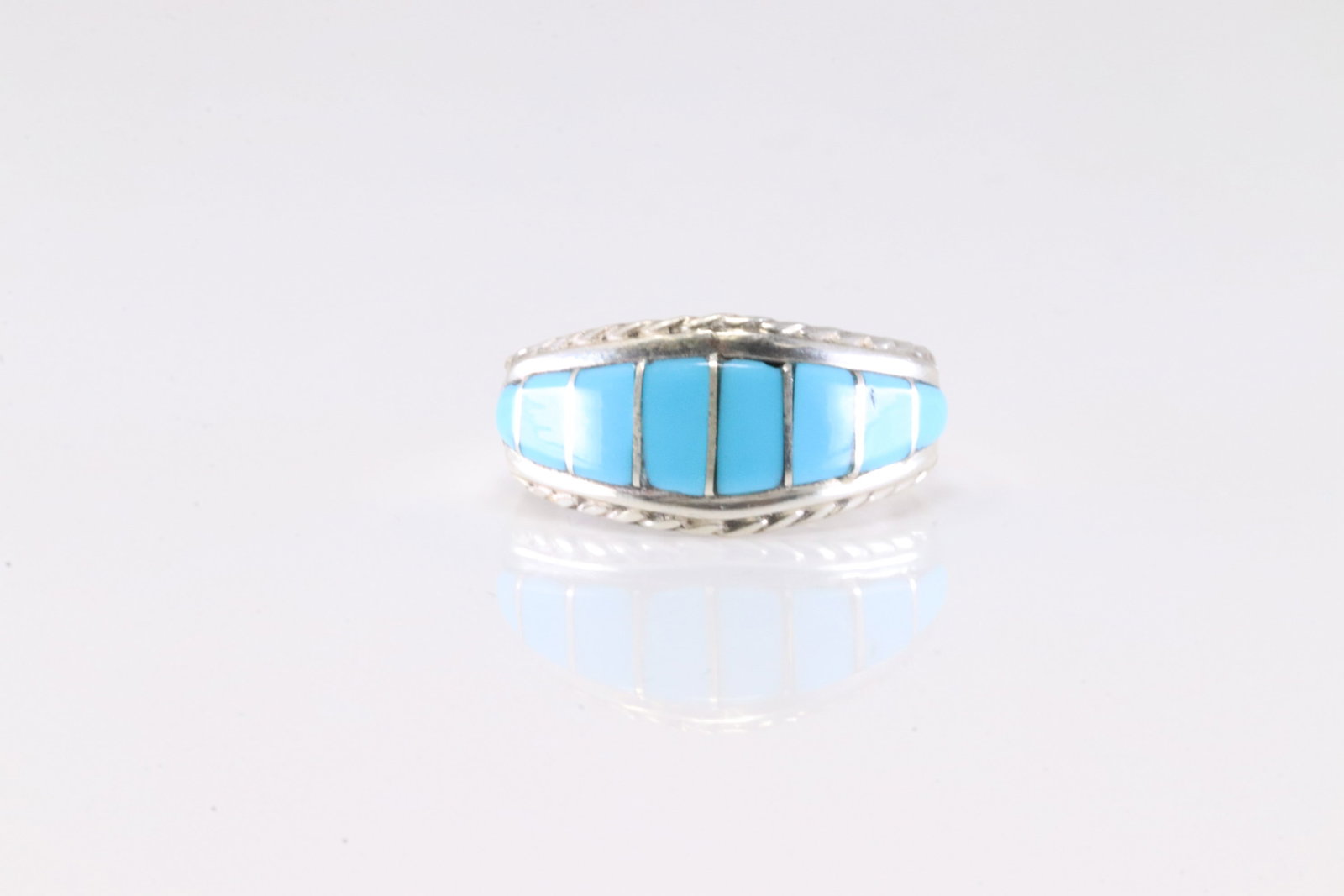 Native America Zuni Sterling Silver Turquoise Inlay Ring By M.P. (1 of 4)