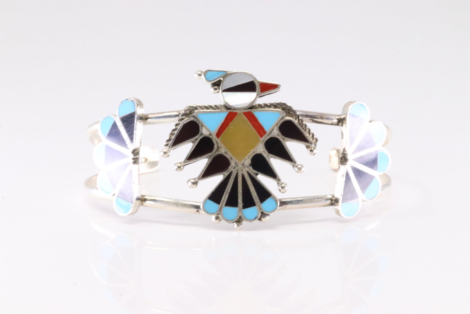 America Sterling Silver Multi-Color Stone Thunderbird Bracelet Cuff.: This is a America Sterling Silver Multi-Color Stone Thunderbird Bracelet Cuff.