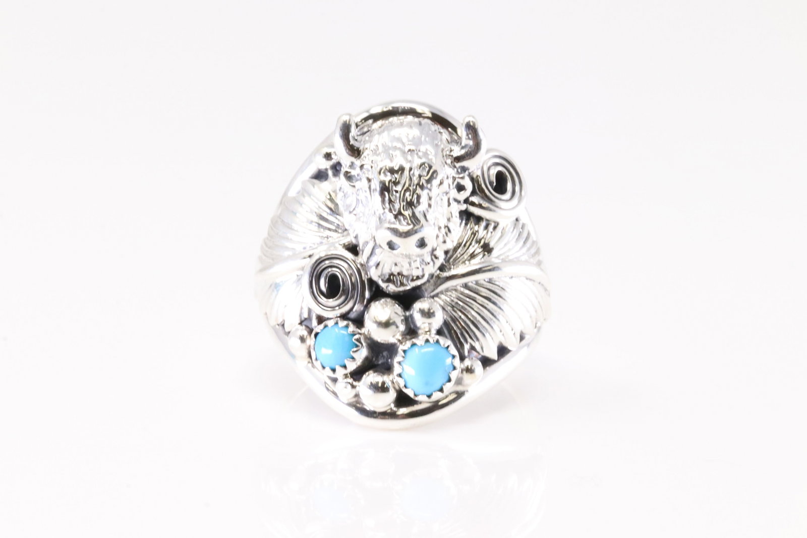 Native America Navajo Sterling Silver Turquoise Bull Ring By Darrell Morgan. (1 of 4)