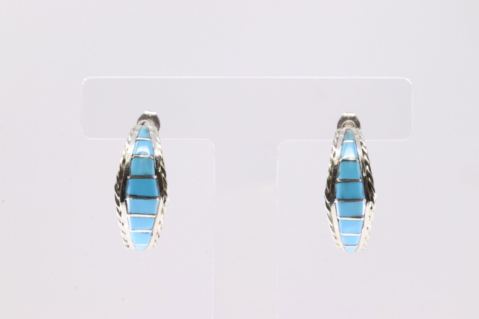 Native American Zuni Sterling Silver Turquoise Inlay Hoop Earring's By Malcolm Chavez.: This is a Native American Zuni Sterling Silver Turquoise Inlay Hoop Earring's By Malcolm Chavez.