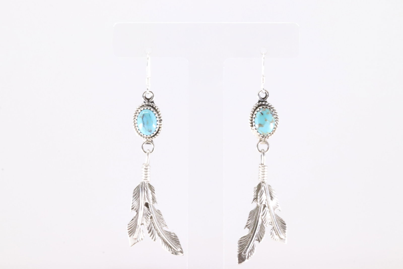America Sterling Silver Turquoise Feather Dangling Earring's. (1 of 4)