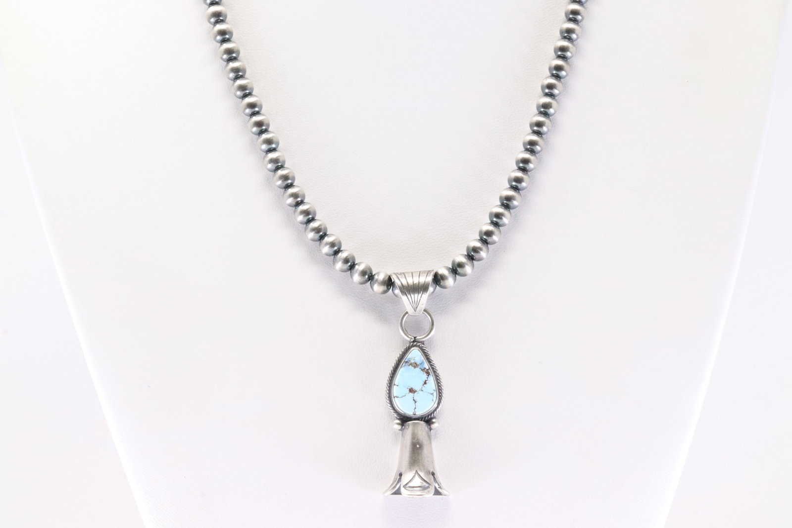 Native America Navajo Sterling Silver Golden Hill Turquoise Blossom Pendant By Sharon McCarthy. With: This is a Native America Navajo Sterling Silver Golden Hill Turquoise Blossom Pendant By Sharon McCarthy. Stamp From R.B Company. With Pearl Beaded Sterling Silver Machine Made Necklace. Necklace leng