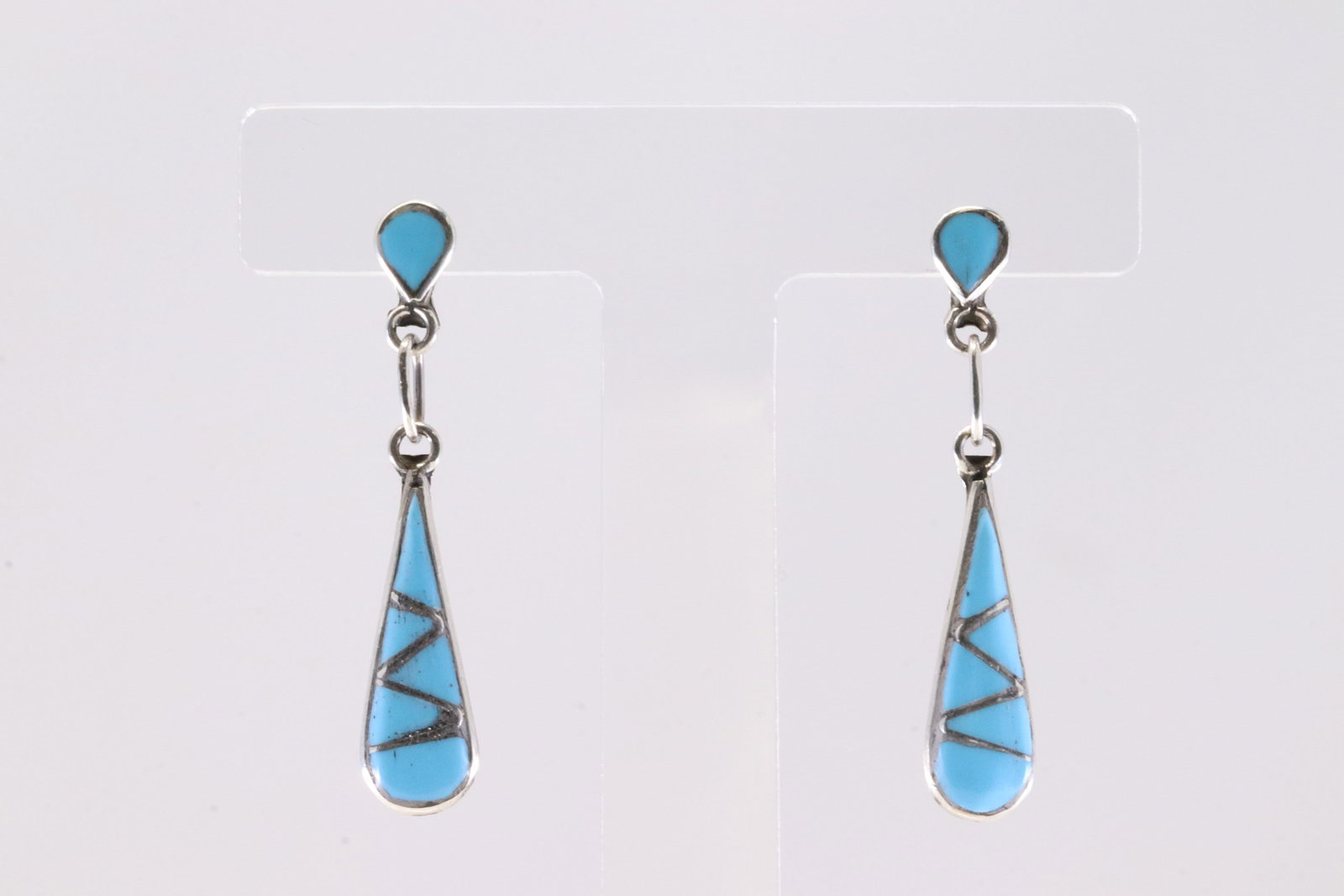 Native America Zuni Sterling Silver Turquoise Inlay Post / Dangling Earring's By A.A.: This is a Native America Zuni Sterling Silver Turquoise Inlay Post / Dangling Earring's By A.A.