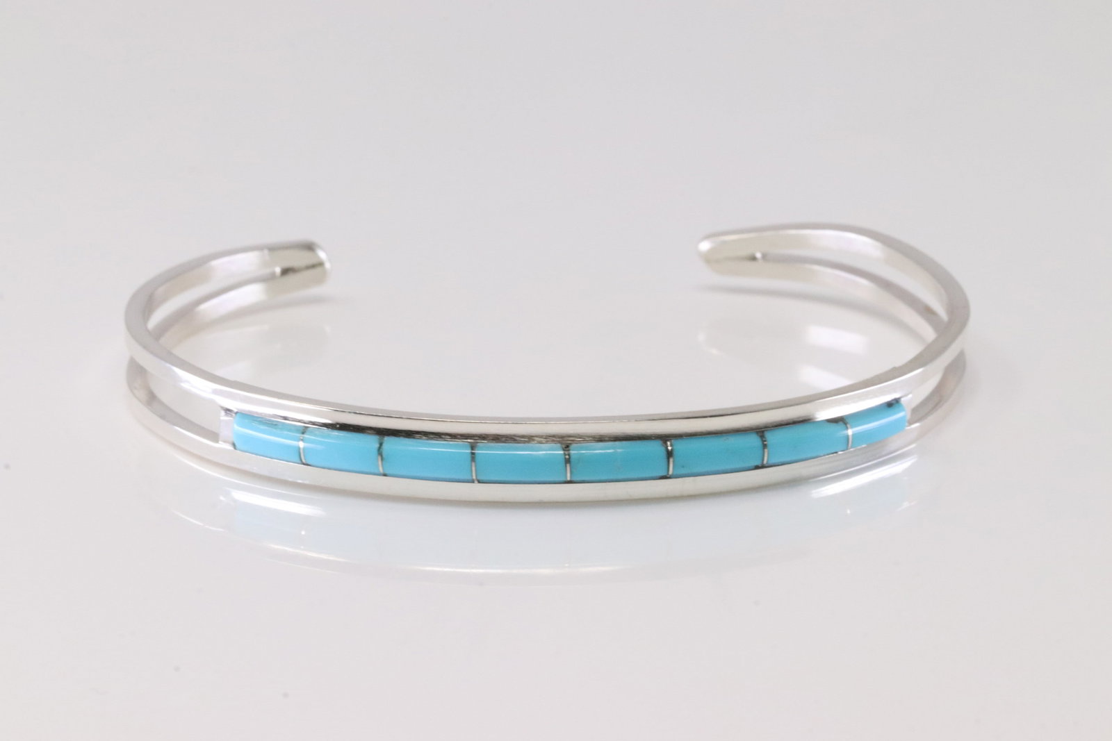 Native America Zuni Sterling Silver Turquoise Inlay Bracelet Cuff By A.L.W.: This is a Native America Zuni Sterling Silver Turquoise Inlay Bracelet Cuff By A.L.W.