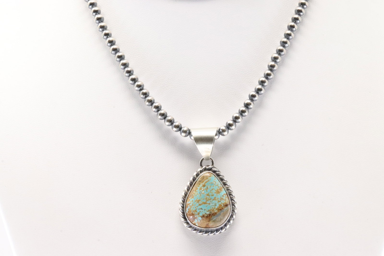 Native America Navajo Sterling Silver Turquoise Pendant By S.E. With Pearl Beaded Sterling Silver (1 of 4)