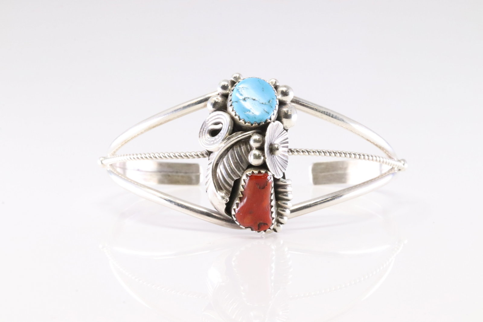 Native America Navajo Sterling Silver Coral & Kingman Turquoise Bracelet Cuff By Max Calladitto.: This is a Native America Navajo Sterling Silver Coral & Kingman Turquoise Bracelet Cuff By Max Calladitto.