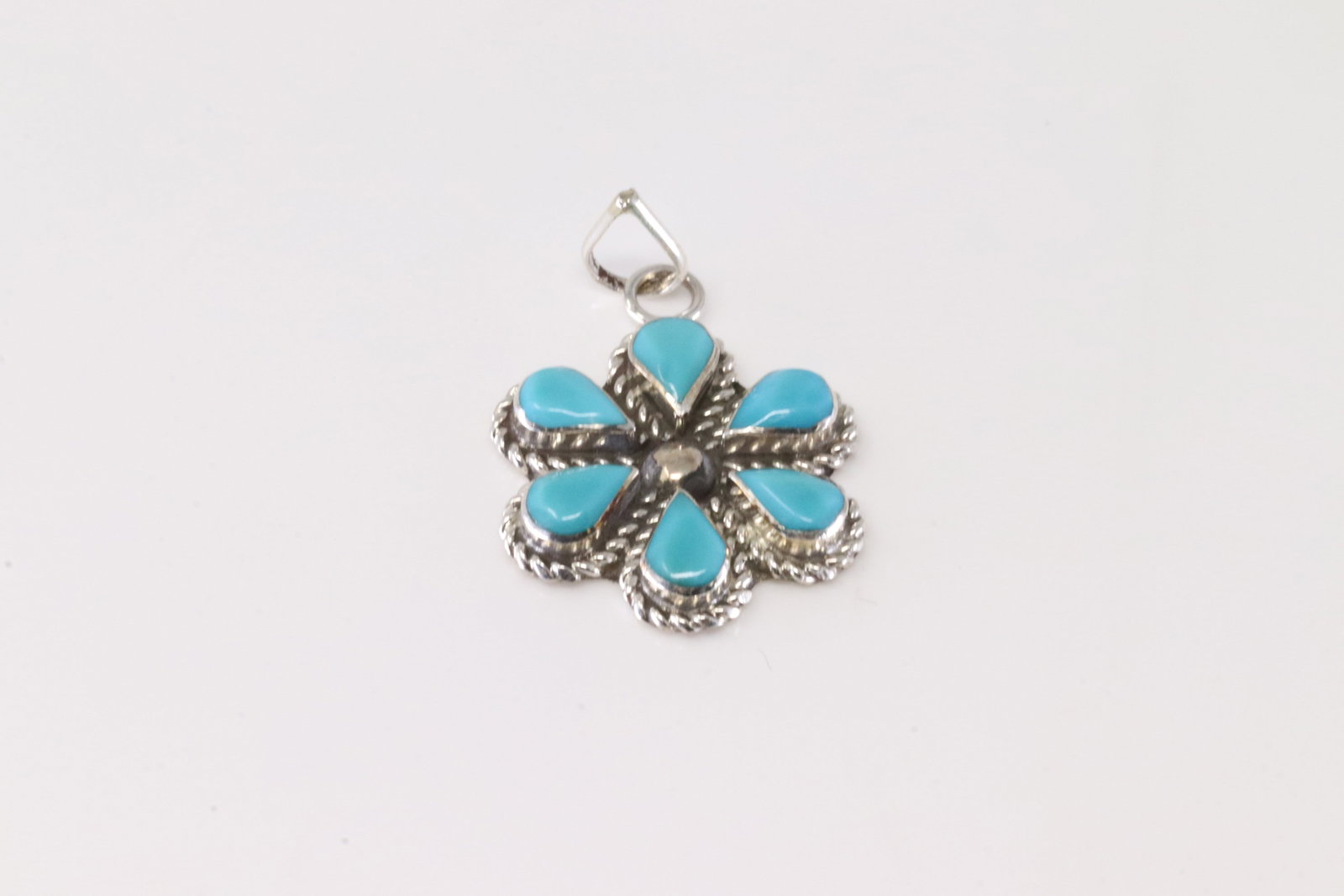 Native America Zuni Sterling Silver Turquoise Flower Pendant By L.L. (1 of 2)