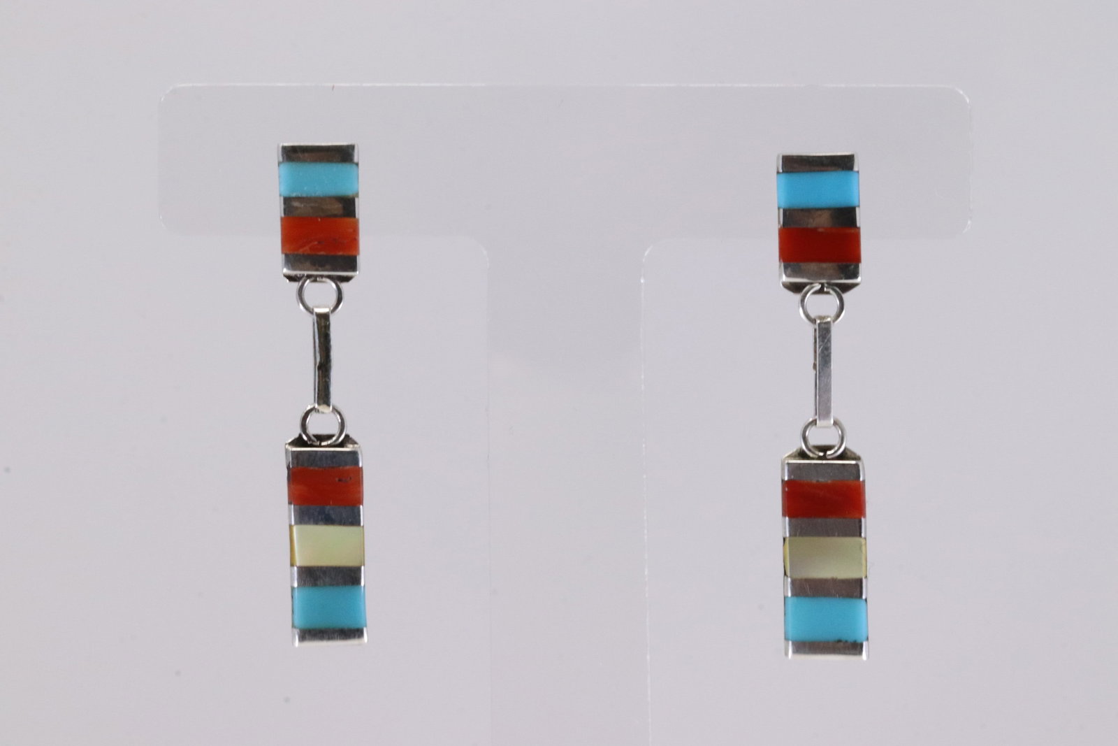 Native American Zuni Sterling Silver Multi-Color Post Dangling Earring's By Lueyra.: This is a Native American Zuni Sterling Silver Multi-Color Post Dangling Earring's By Lueyra. Stamp Lueyra.