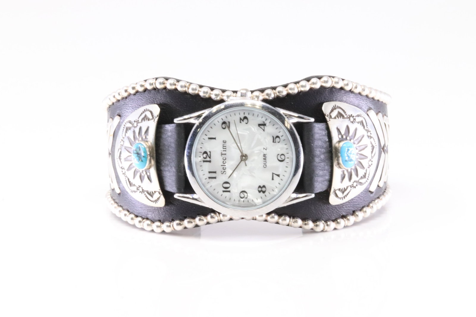 Native America Navajo Sterling Silver Kingman Turquoise Watch Leather Bracelet Cuff.: This is a Native America Navajo Sterling Silver Kingman Turquoise Watch Leather Bracelet Cuff.