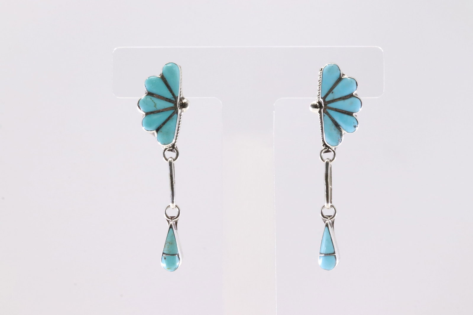 Native America Zuni Sterling Silver Turquoise Inlay Post / Dangling Earring's By Velda Nastacio.: This is a Native America Zuni Sterling Silver Turquoise Inlay Post / Dangling Earring's By Velda Nastacio.