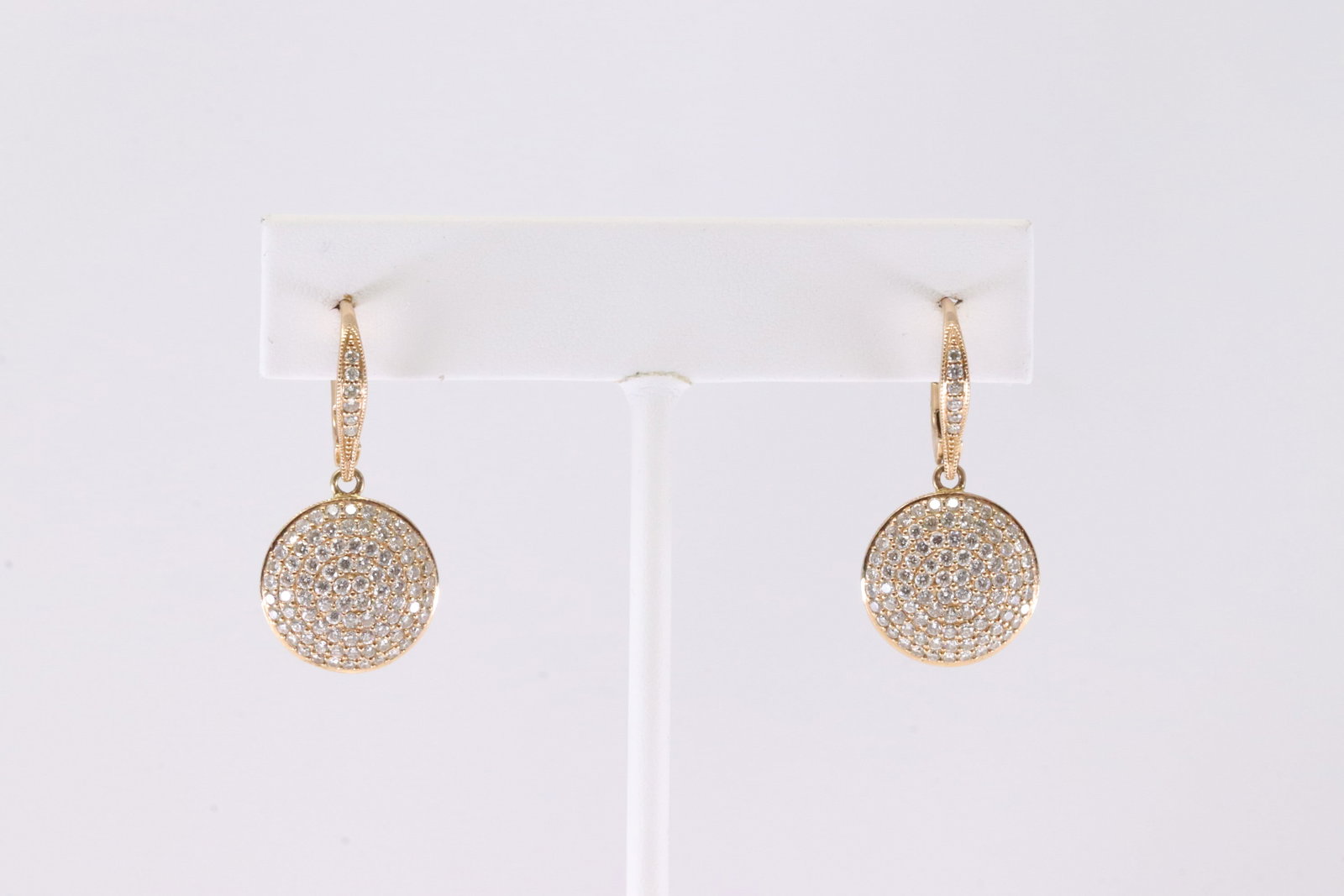 Diamond French Clip Drop Earring 18Kt.: Ladies 18kt Rose Gold Diamond French Clip Drop Earring. This Goregeous Earring has 188 Round Sparkling Diamonds. Diamond Approx Weight: 4.00cttw. Total Weight: 10.43 Grams.