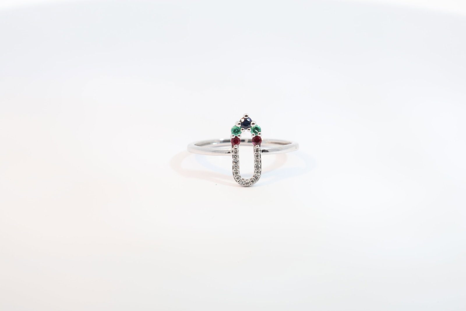 Multii-Color Gems & Diamond Paper Clip Ring 14Kt.: Ladies 14Kt White Gold Multi-Color Gems & Diamond Paper Clip Ring. Ring has 5 Multi-Color Gemstone with 15 round Diamonds. Diamonds weight: 0.19ct. Ring size: 6.50.