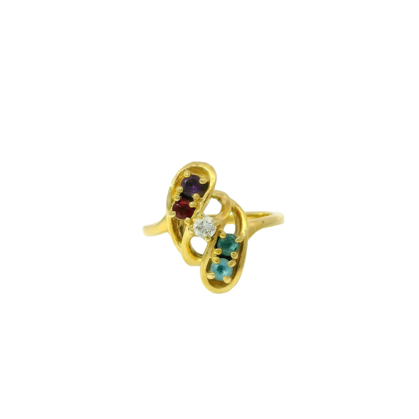 14Kt Yellow Gold Muti-Color / Diamond Ring.: Ladies 14Kt Yellow Gold Muti-Color / Diamond Ring. Ring has 4 Muti-Color Stone 7 One Diamond on the center. Ring size: 5.75. Total weight: 4.00 Grams.