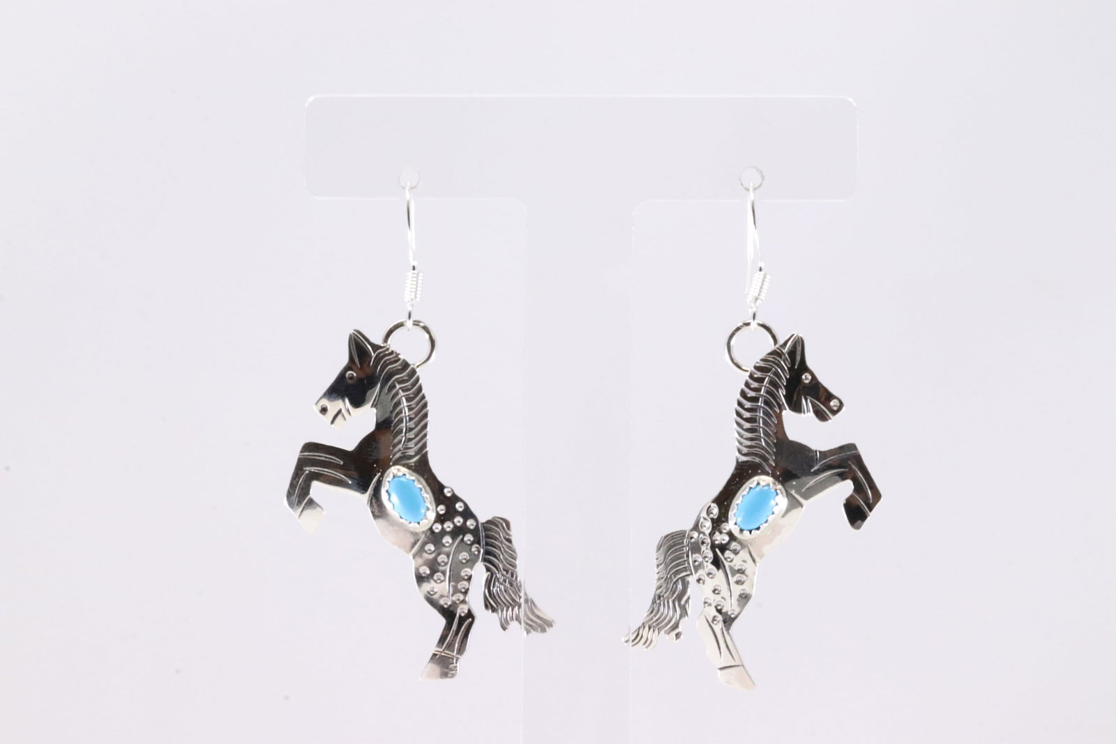 Native America Navajo Sterling Silver Turquoise Horse Dangling Earring's By L.Y.: This is a Native America Navajo Sterling Silver Turquoise Horse Dangling Earring's By L.Y.
