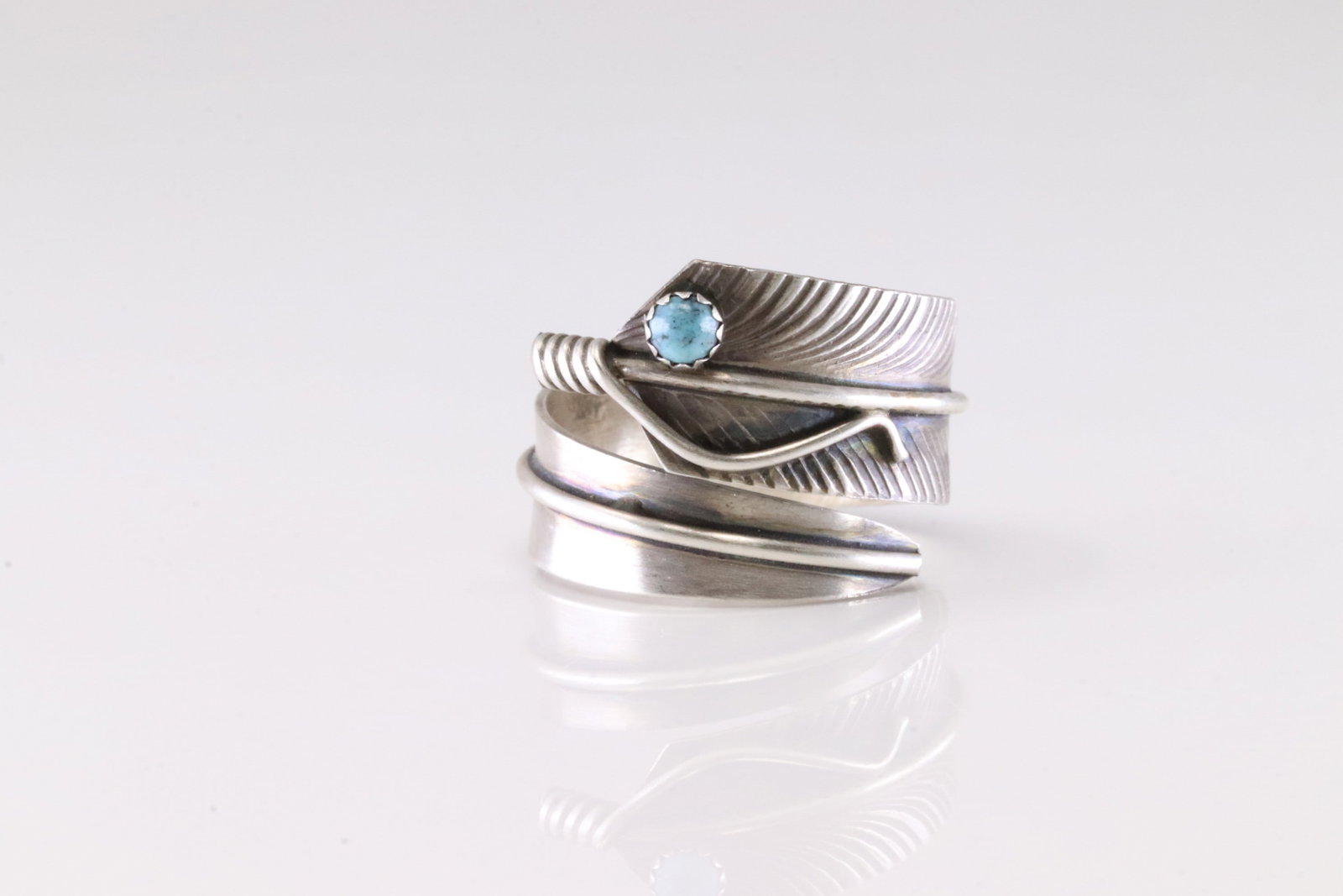 Native America Navajo Sterling Silver Turquoise Feather Ring By C.C.: This is a Native America Navajo Sterling Silver Turquoise Feather Ring By C.C.