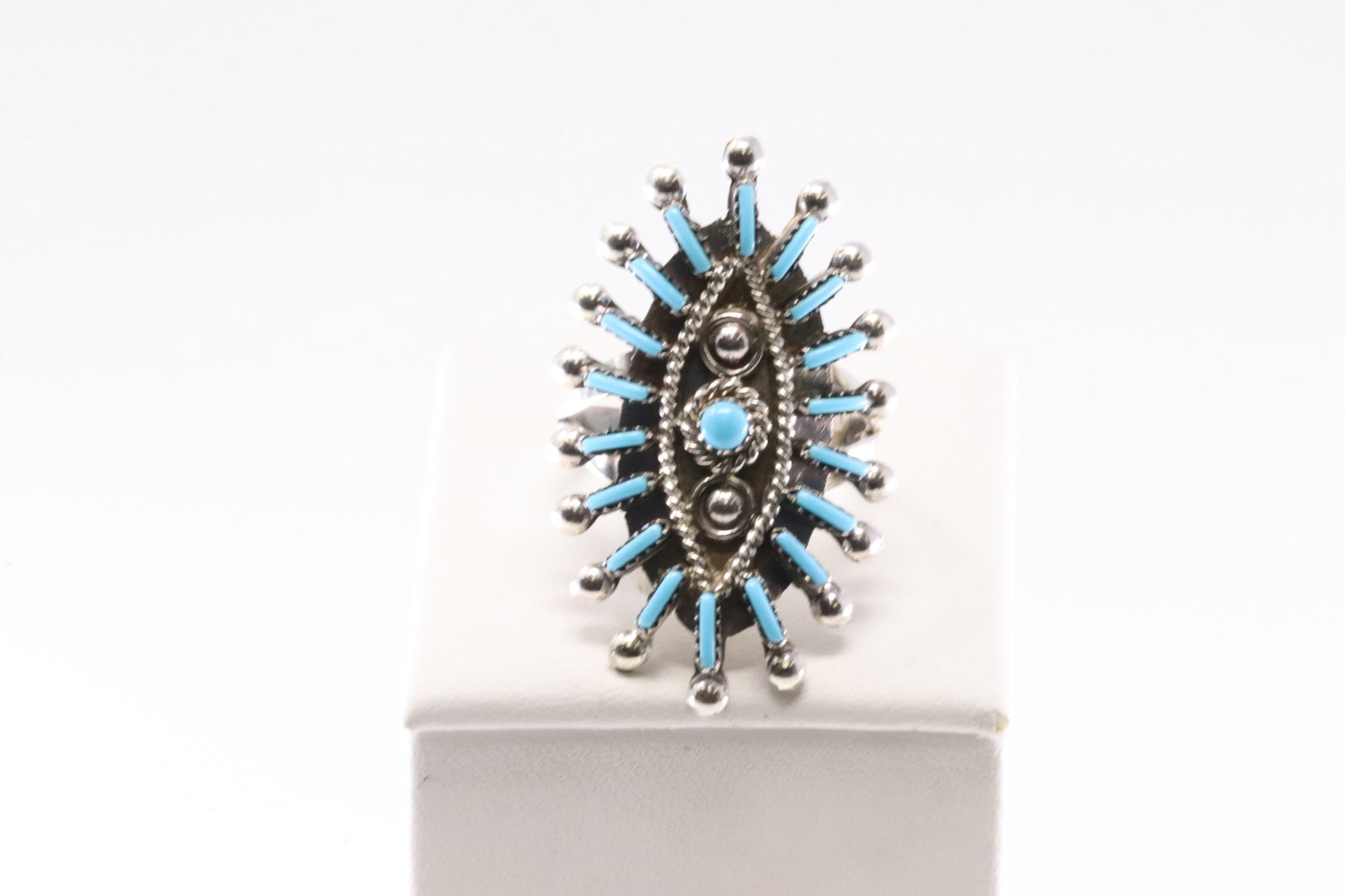 Native America Zuni Sterling Silver Needlpoint Turquoise Ring By P.G.: This is a Native America Zuni Sterling Silver Needlpoint Turquoise Ring By P.G. Ring size: 8.25.