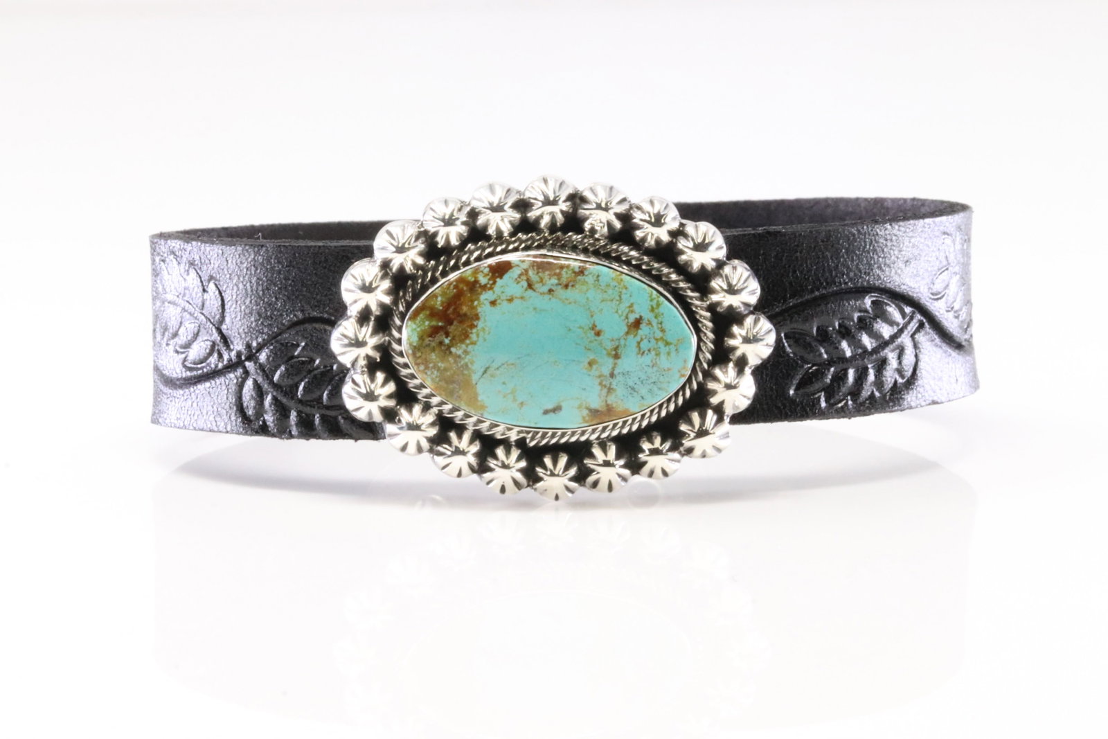 America Sterling Silver Turquoise Leather Bracelet.: This is a America Sterling Silver Turquoise Leather Bracelet. Bracelet length: 9.00"