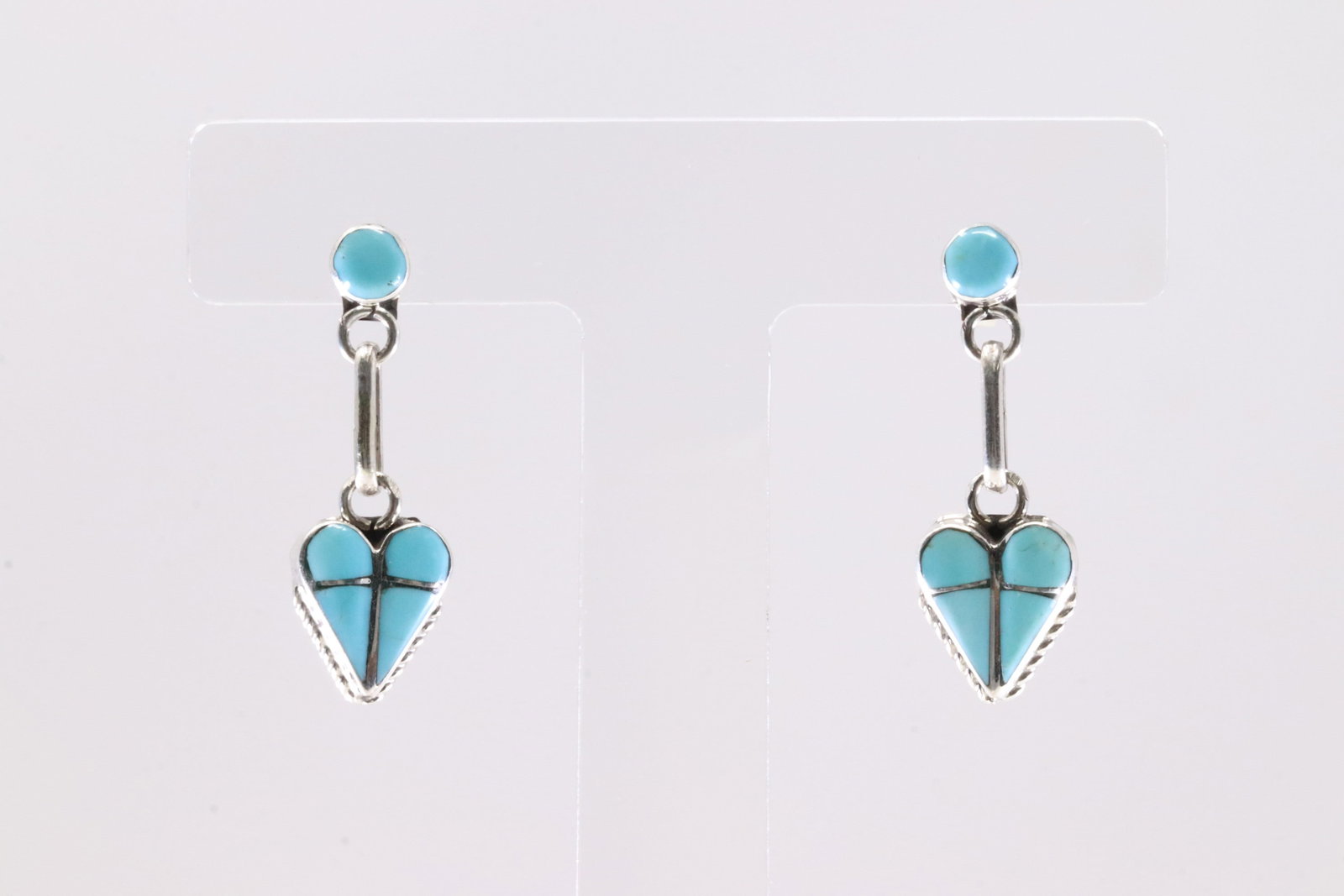 Native America Zuni Sterling Silver Kingman Turquoise Inlay Post Dangling Earring's By Velda: This is a Native America Zuni Sterling Silver Kingman Turquoise Inlay Post Dangling Earring's By Velda Nastacio.