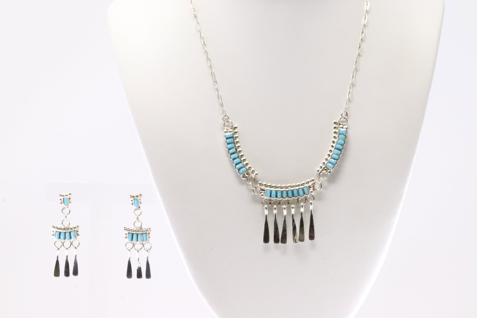 Native America Zuni Sterling Silver Turquoise Necklace & Earring's Set By L.S.: This is a Native America Zuni Sterling Silver Turquoise Necklace & Earring's Set By L.S. Necklace length: 18.00"
