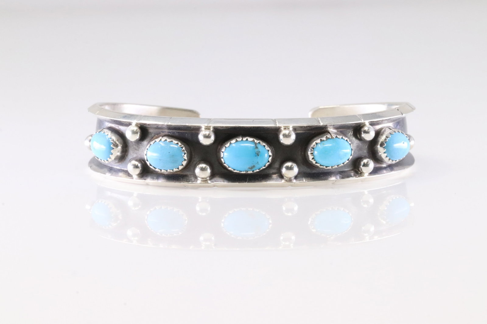 Native American Navajo Sterling Silver Kingman Turquoise Bracelet Cuff By Reed Charley. (1 of 3)
