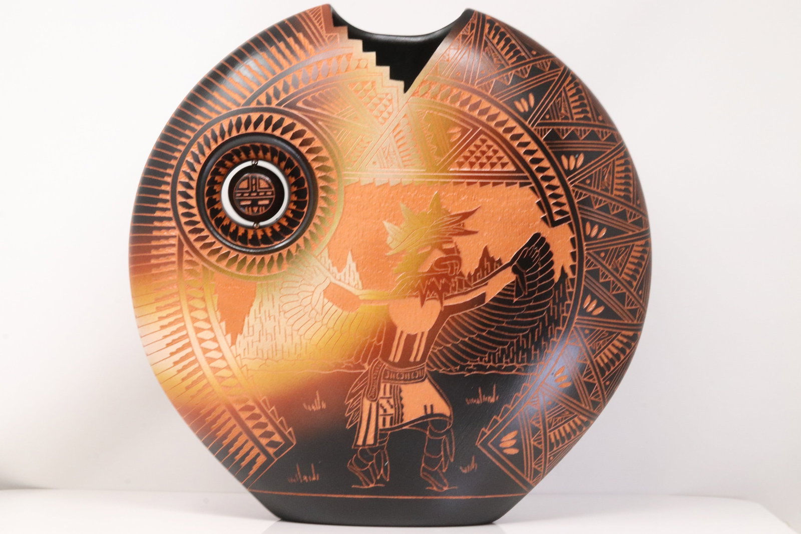 Large Signed Duane Aragon Laguna Pueblo Pottery Vase 2026 Native American Bird Dancer Etched: Beautiful contemporary Native American pottery vase by Duane Aragon of Laguna Pueblo, New Mexico, dated 2026.This striking hand-crafted piece features a detailed bird dancer figure surrounded by finel