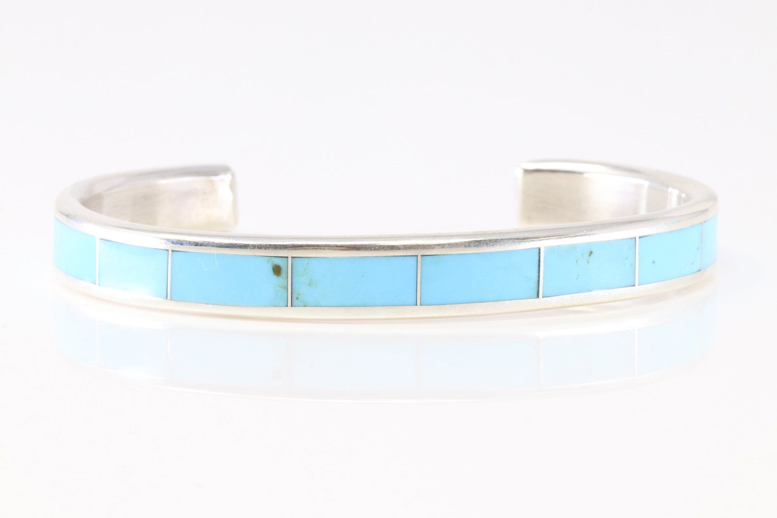 Native America Zuni Sterling Silver Turquoise Inlay Bracelet Cuff By Loretto.: This is a Native America Zuni Sterling Silver Turquoise Inlay Bracelet Cuff By Loretto. Stamp Loretto.