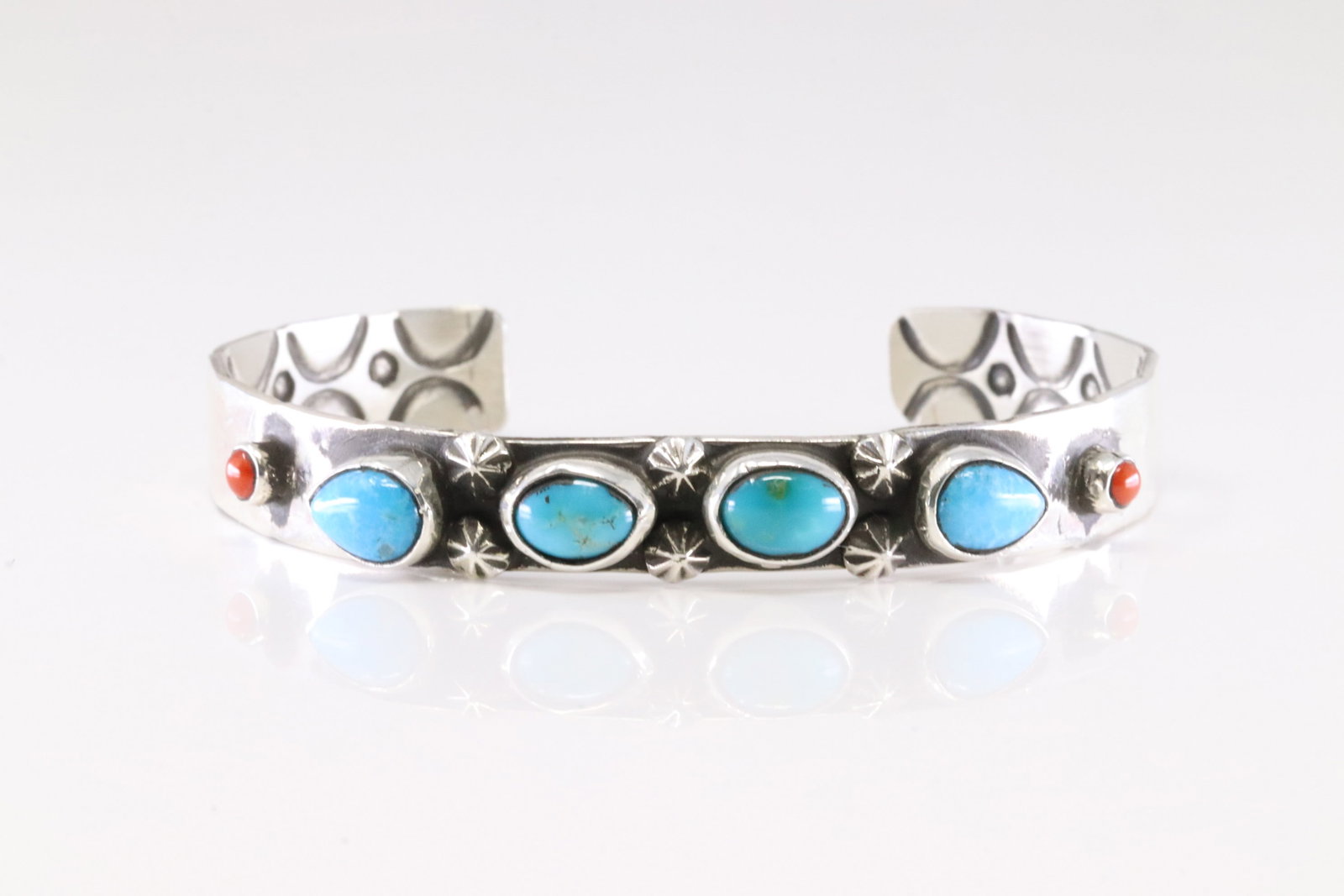 Native America Navajo Sterling Silver Coral & Turquoise Bracelet Cuff By A.Y.: This is a Native America Navajo Sterling Silver Coral & Turquoise Bracelet Cuff By A.Y.