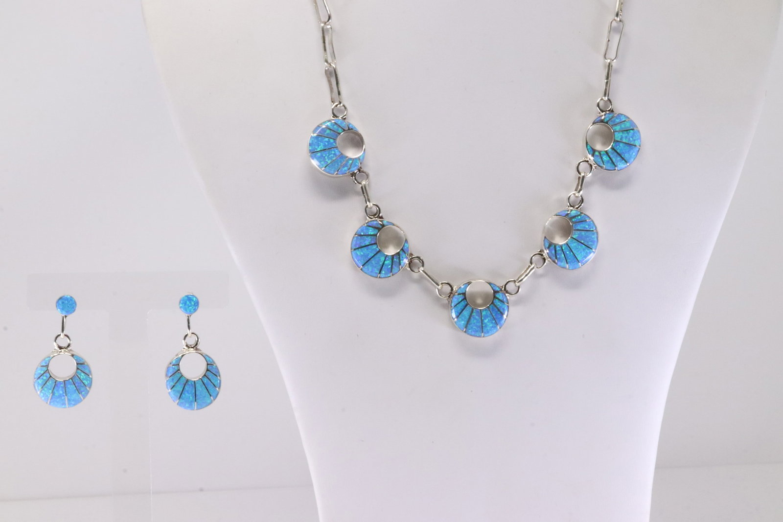 Native America Zuni Sterling Silver Blue Opal Synthetic Necklace & Earring's Set By LM.: This is a Native America Zuni Sterling Silver Blue Opal Synthetic Necklace & Earring's Set By LM. Stamp LM. Necklace Length: 18.00.