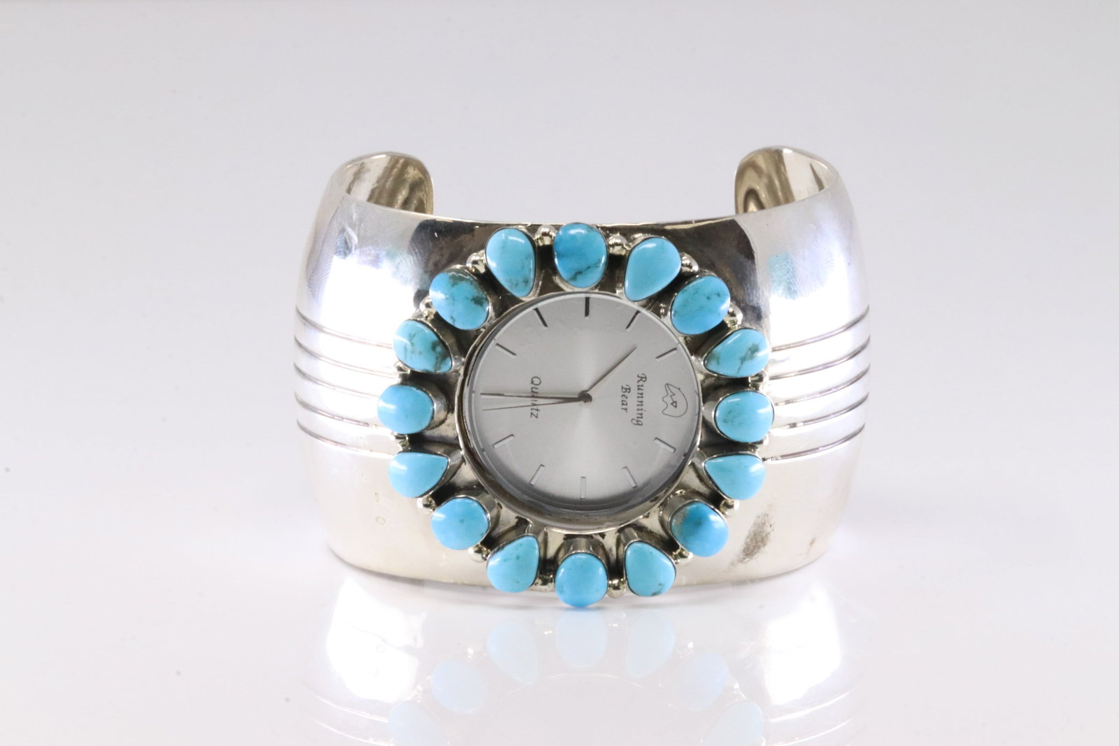 America Sterling Silver Turquoise Running Bear Turquoise Watch Cuff. (1 of 5)