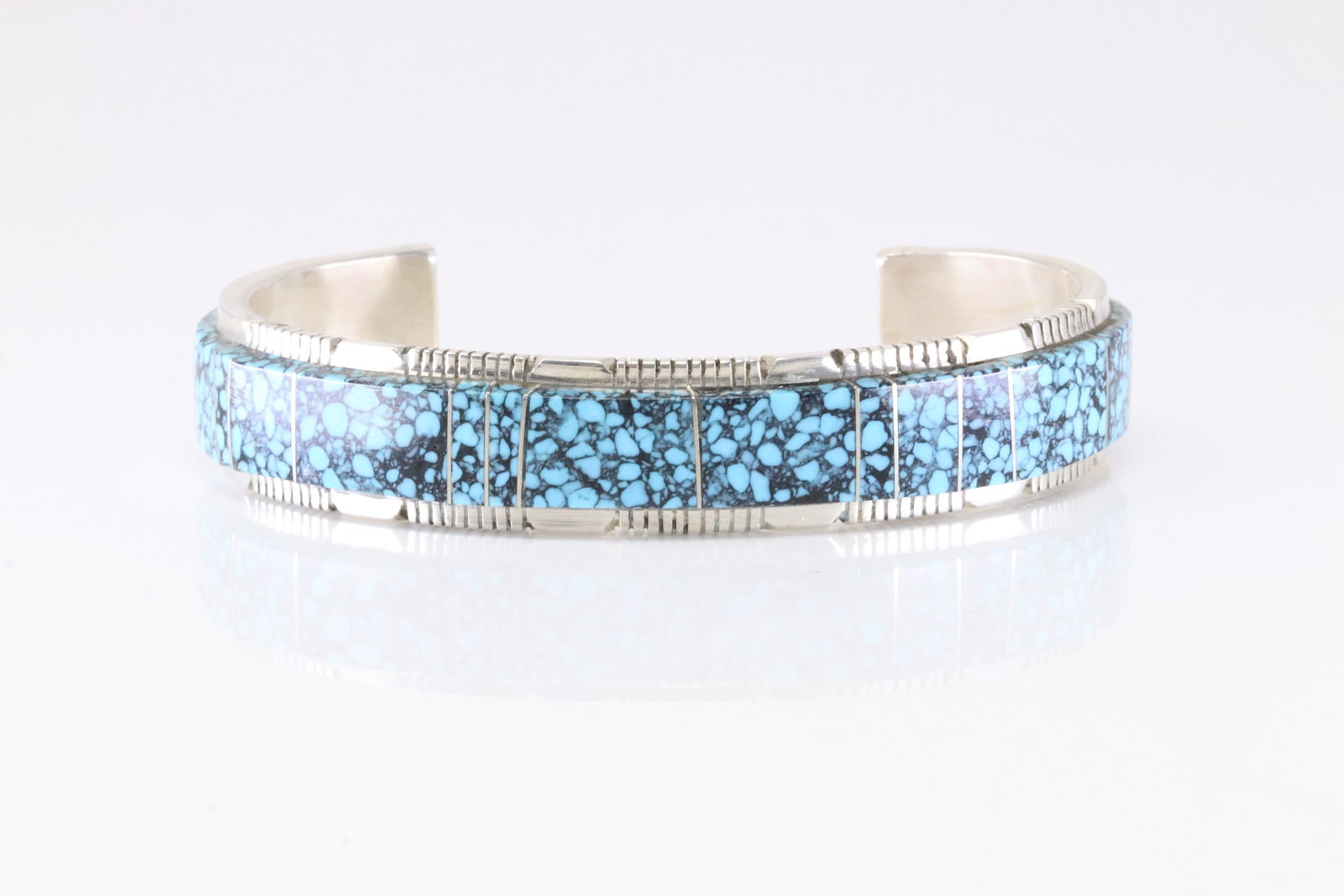 Native America Navajo Sterling Silver Turquoise Inlay Bracelet Cuff By SF.: This is a Native America Navajo Sterling Silver Turquoise Inlay Bracelet Cuff By SF. Stamp SF.