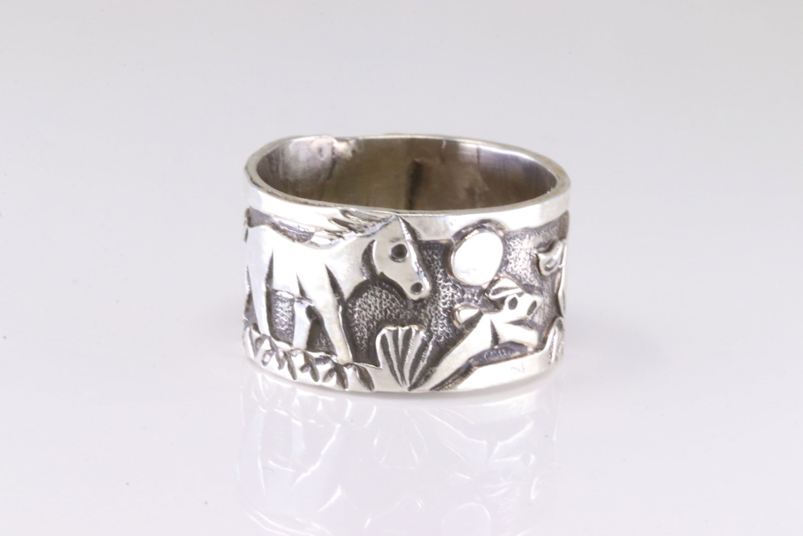 Native America Navajo Sterling Silver Storyteller Horse Ring By Lloyd Becenti.