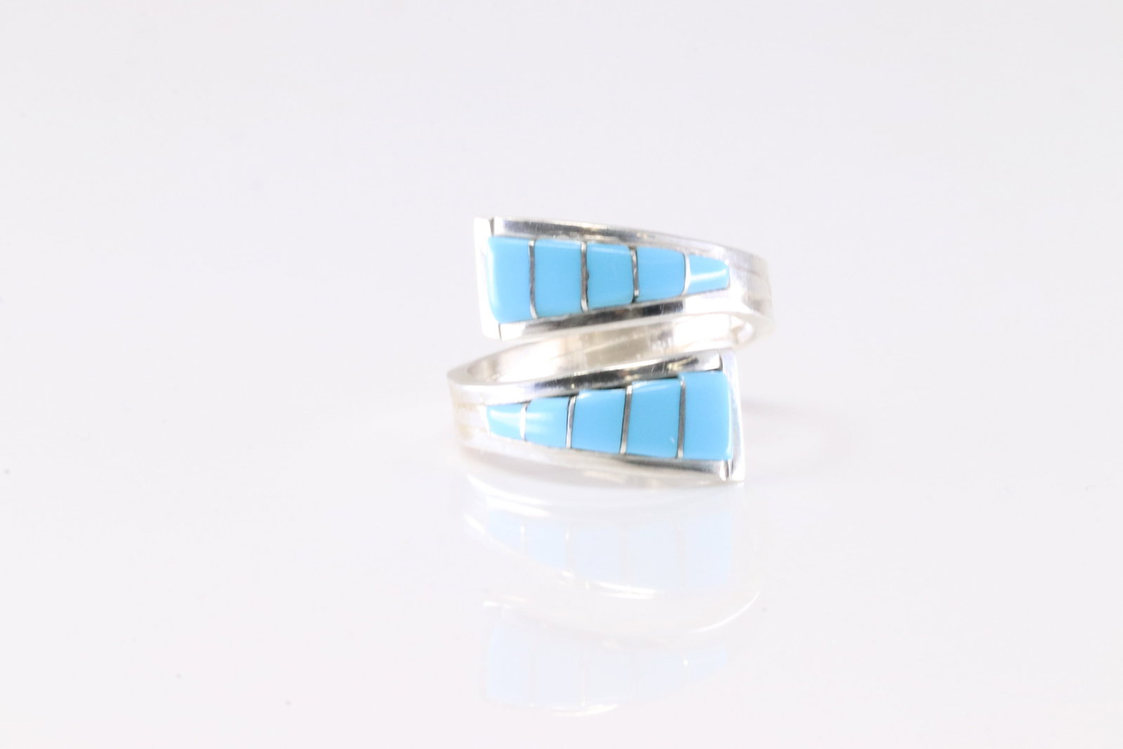 Native America Zuni Sterling Silver Turquoise Inlay Ring By M.J.S.: This is a Native America Zuni Sterling Silver Turquoise Inlay Ring By M.J.S. Ring size: 6.00.