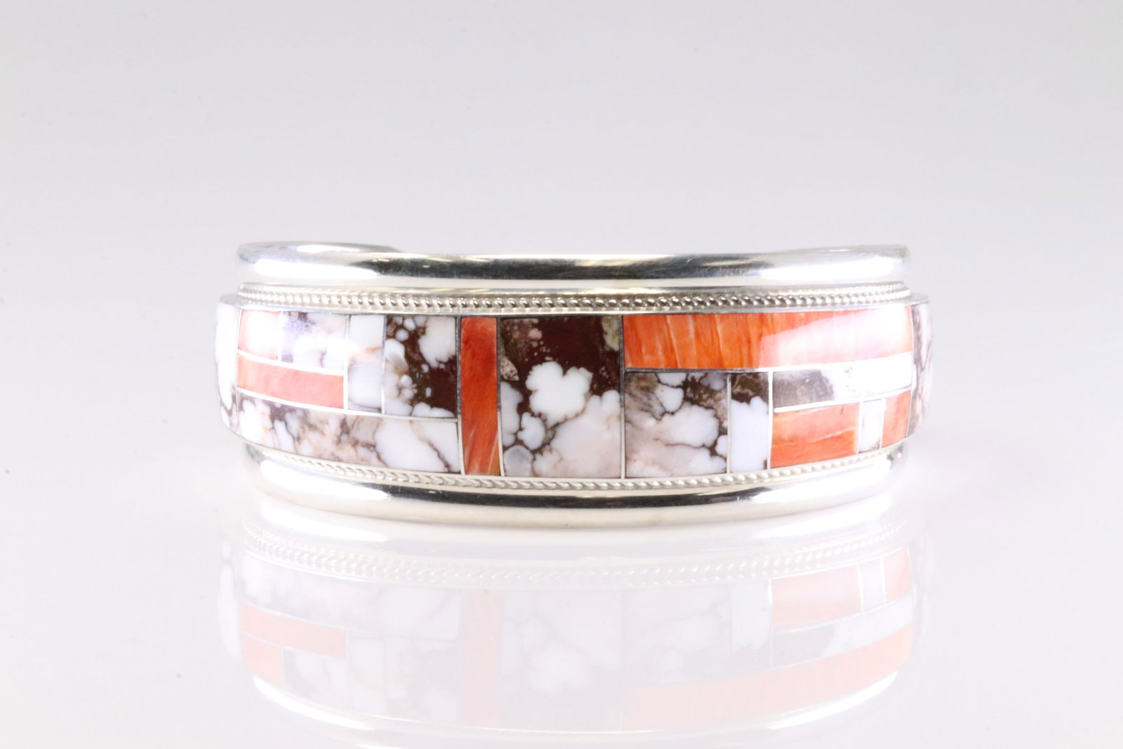 Native America Navajo Sterling Silver Wild Horse & Spiny Oyster Inlay Bracelet Cuff R.G.B.