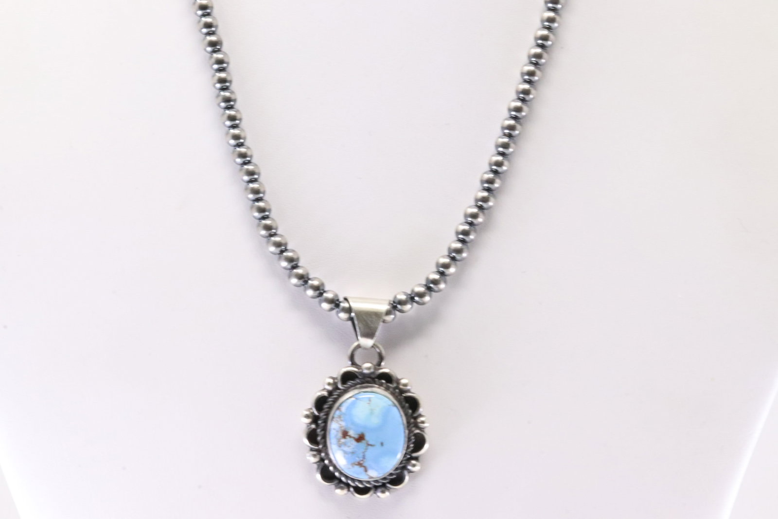 Native America Navajo Sterling Silver Golden Hill Turquoise Pendant By F. Martinez With Machine Made: This is a Native America Navajo Sterling Silver Golden Hill Turquoise Pendant By F. Martinez With Machine Made Sterling Silver Pearl Beaded Necklace. Stamp F. Martinez. Necklace Length: 16.00.