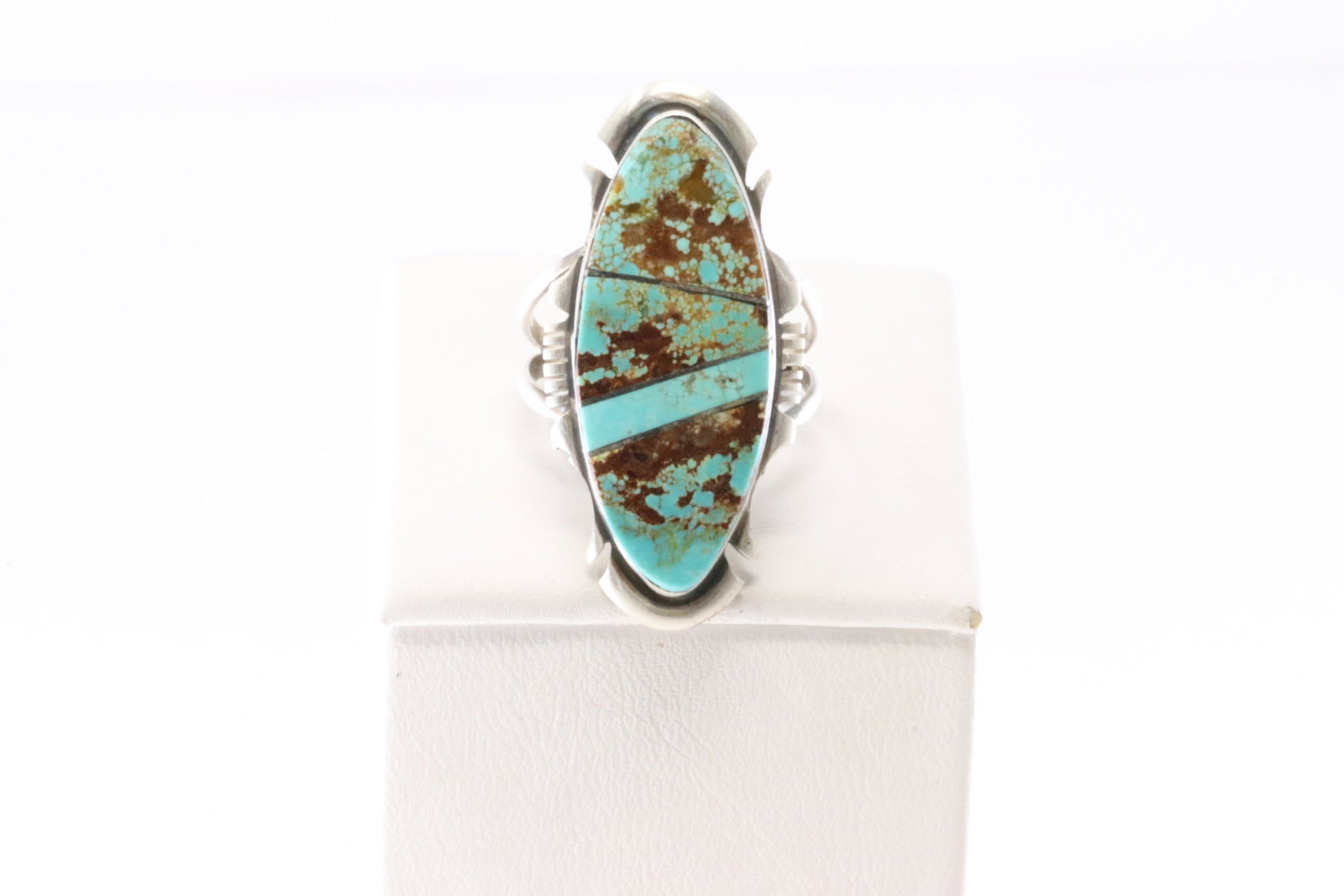 Native America Navajo Sterling Silver Turquoise Inlay Ring By SF.: This is a Native America Navajo Sterling Silver Turquoise Inlay Ring By SF. Stamp SF. Ring Size: 8.00.