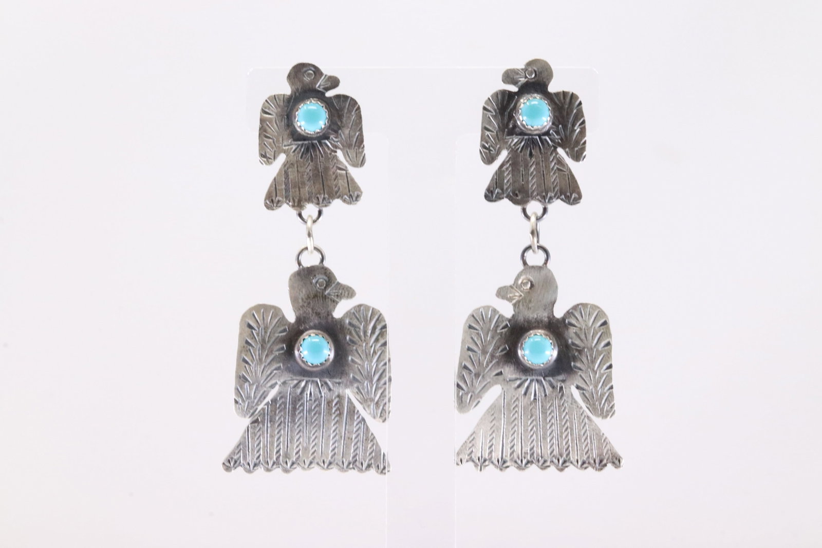 Native America Navajo Sterling Silver Turquoise Thunderbird Post / Dangling Earring's By Gabriela: This is a Native America Navajo Sterling Silver Turquoise Thunderbird Post / Dangling Earring's By Gabriela Yazzie.
