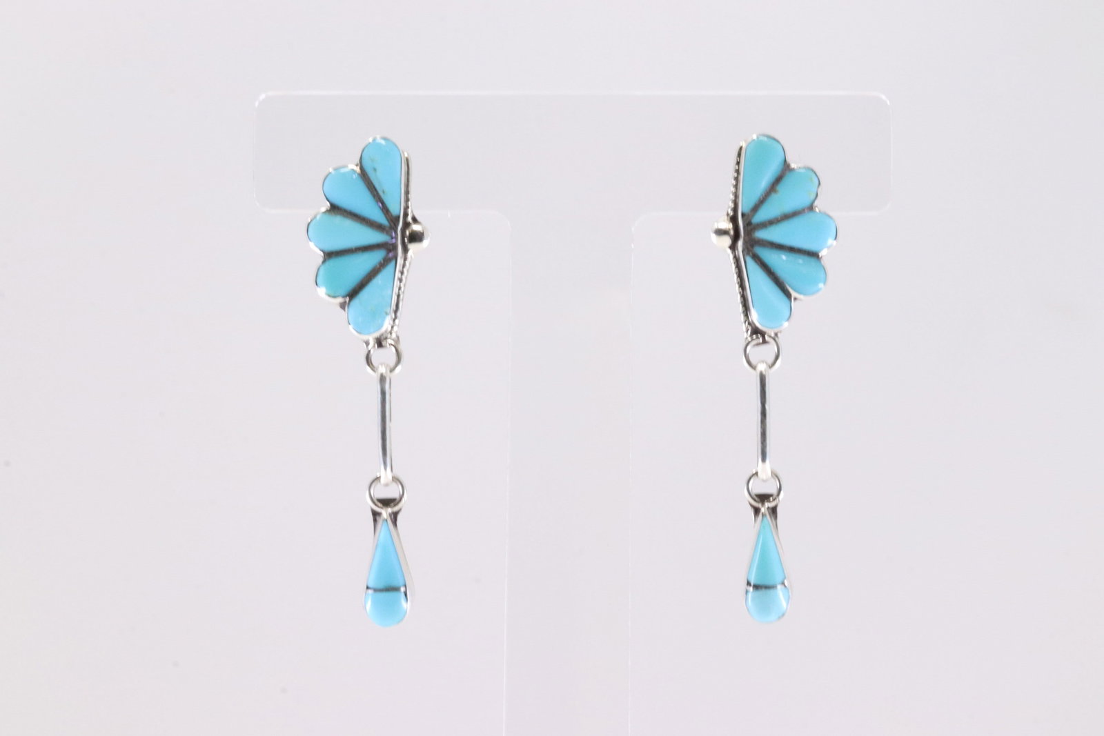 Native America Zuni Sterling Silver Kingman Turquoise Post / Dangling Earring's By Velda Nastacio.: This is a Native America Zuni Sterling Silver Kingman Turquoise Post / Dangling Earring's By Velda Nastacio.
