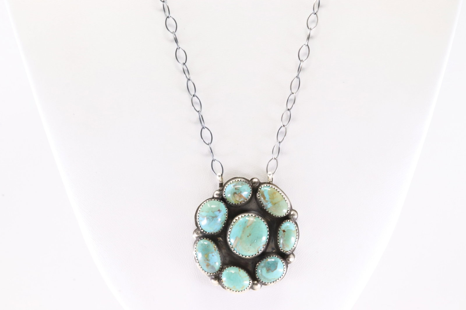 Native America Navajo Stearling Silver Turquoise Necklace By Joan Begay.: This is a Native America Navajo Stearling Silver Turquoise Necklace By Joan Begay. Necklace length: 20.00"
