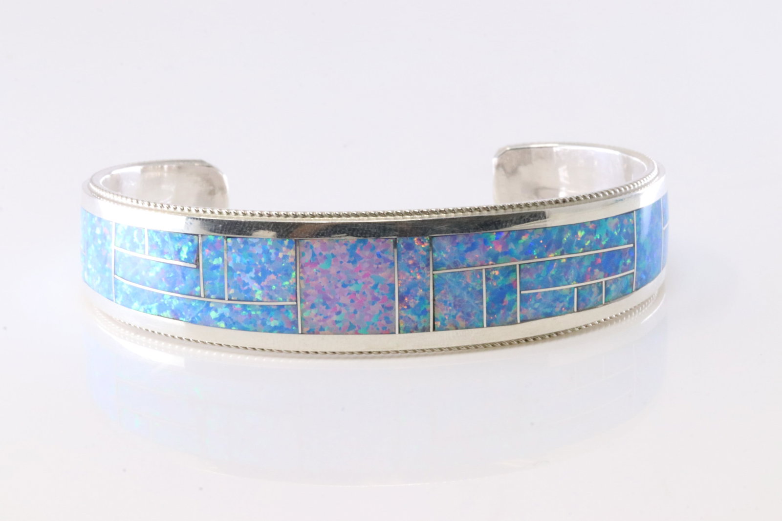 Native American Navajo Sterling Silver Blue Opal Inlay Bracelet Cuff By RGB.: This is a Native American Navajo Sterling Silver Blue Opal Inlay Bracelet Cuff By RGB. Stamp RGB.