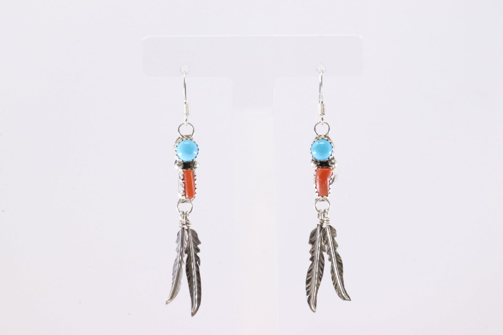 Native America Navajo Sterling Silver Coral & Turquoise Feather Dangling Earring's By RL.: This is a Native America Navajo Sterling Silver Coral & Turquoise Feather Dangling Earring's By RL. Stamp RL.