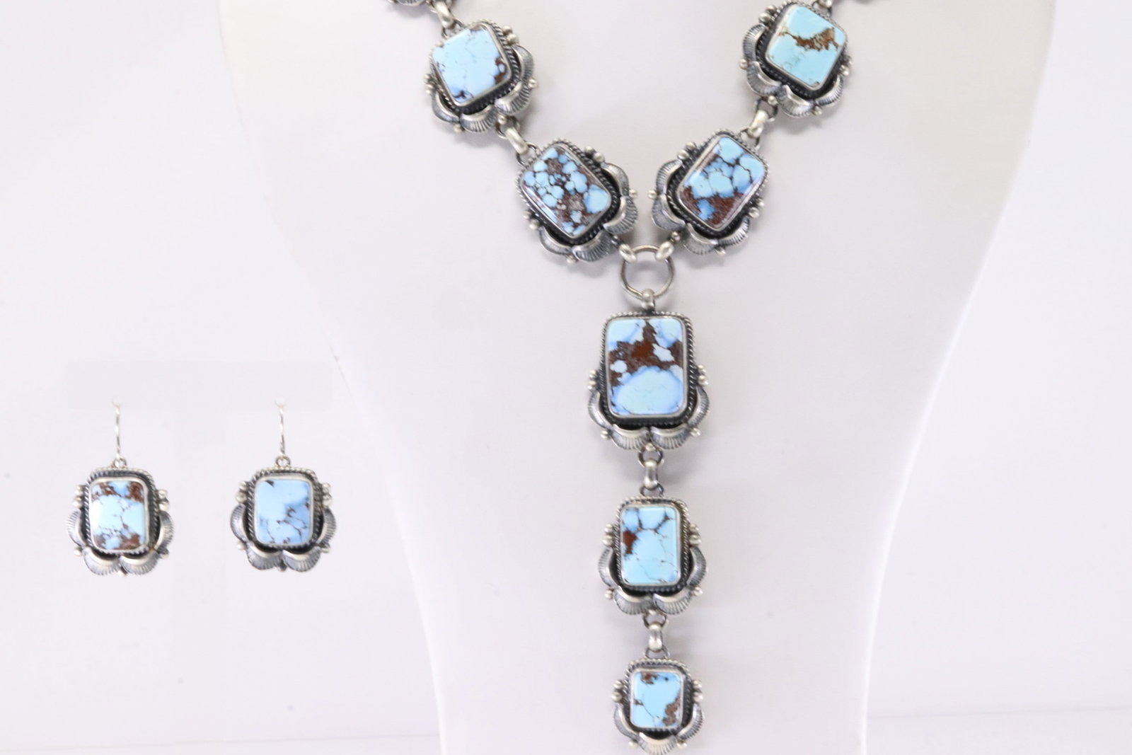 Native America Navajo Sterling Silver Golden Hill Turquoise Necklace & Earring's Set By TY.: This is a Native America Navajo Sterling Silver Golden Hill Turquoise Necklace & Earring's Set By TY. Stamp TY. Necklace Length: 30.00.