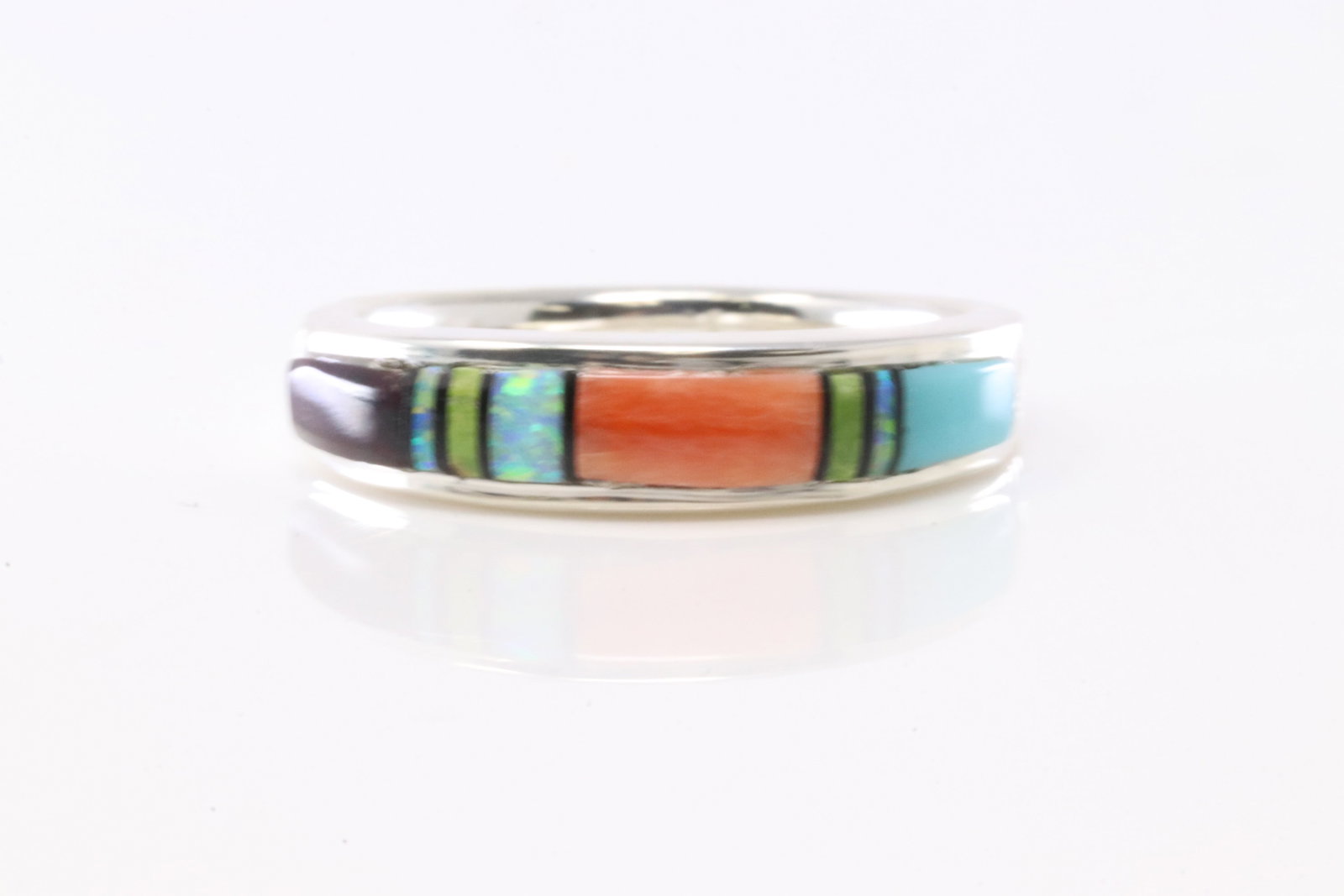 Native America Navajo Sterling Silver Multi-Color Stone Ring By AT.: This is a Native America Navajo Sterling Silver Multi-Color Stone Ring By AT. Stamp AT. Ring Size: 9.00.