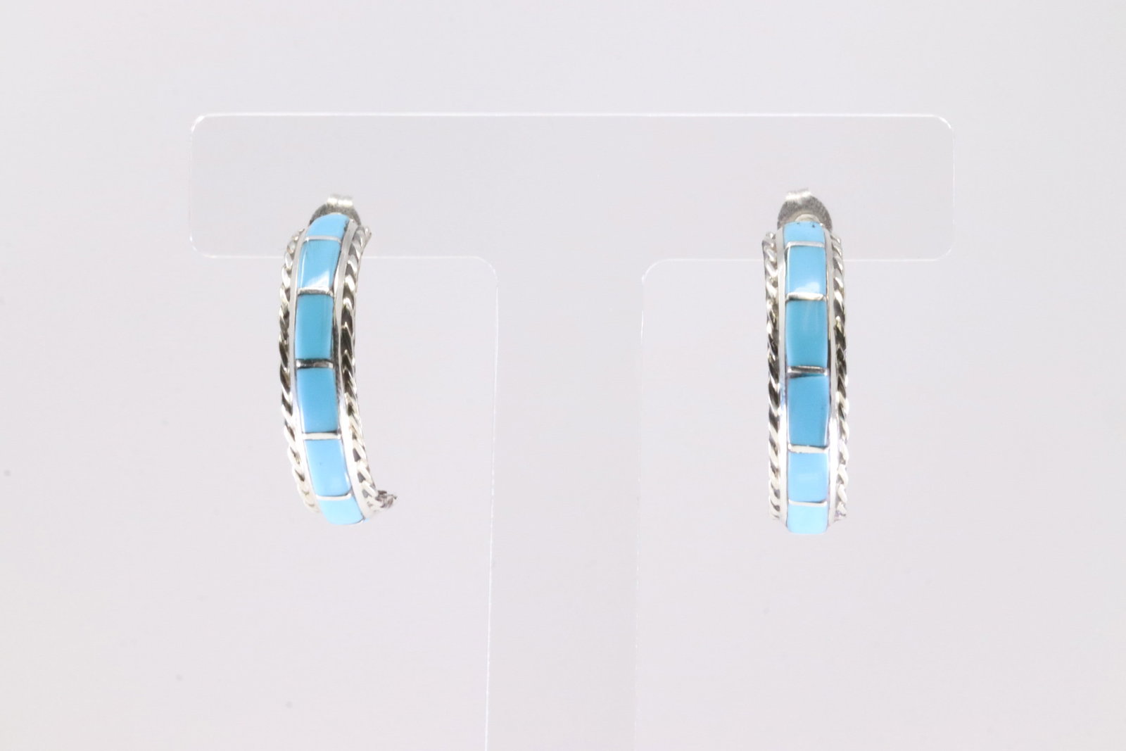 Native America Zuni Sterling Silver Turquoise Inlay Post Hoop Earring's By Malcolm Chavez.: This is a Native America Zuni Sterling Silver Turquoise Inlay Post Hoop Earring's By Malcolm Chavez. Stamp M.