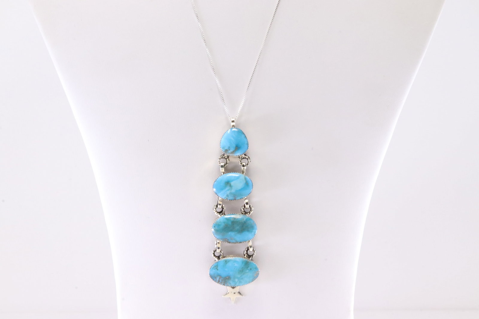Native America Navajo Sterling Silver Turquoise Pendant By David Lopez With A 925 Necklace.: This is a Native America Navajo Sterling Silver Turquoise Pendant By David Lopez With A 925 Necklace. Stamp By R.B Company. Necklace Length: 18.00.
