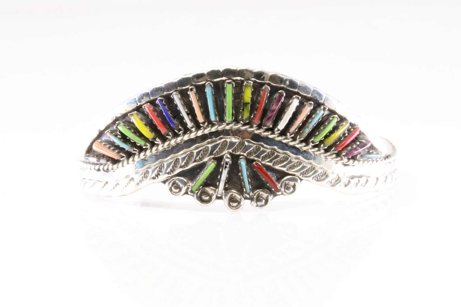 Native America Navajo Sterling Silver Synthetic Multi-Color Stone Bracelet Cuff By Y.: This is a Native America Navajo Sterling Silver Synthetic Multi-Color Stone Bracelet Cuff By Y.