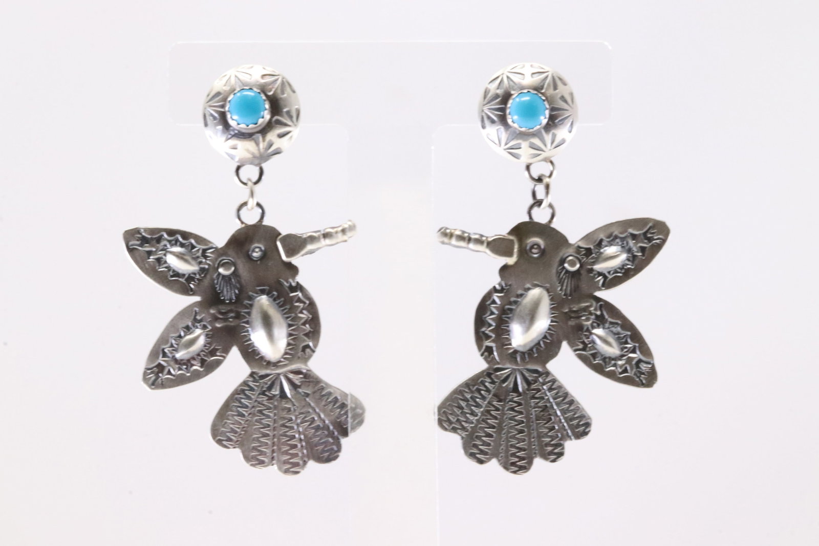 Native America Navajo Sterling Silver Kingman Turquoise Humming Bird Post / Dangling Earring's By: This is a Native America Navajo Sterling Silver Kingman Turquoise Humming Bird Post / Dangling Earring's By Tim Yazzie.